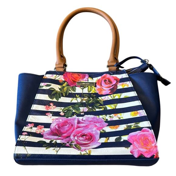 Nine West Blue Striped Floral Large Purse Tote Bag - Picture 1 of 8